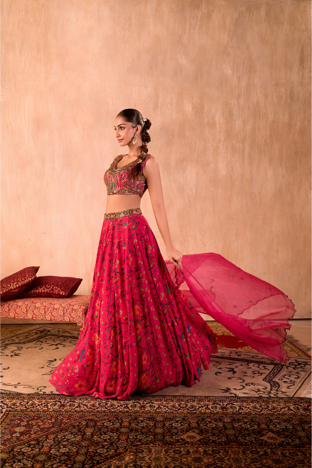 PINK PRINT EMBROIDERED CHOLI, LEHENGA AND DUPATTA SET
