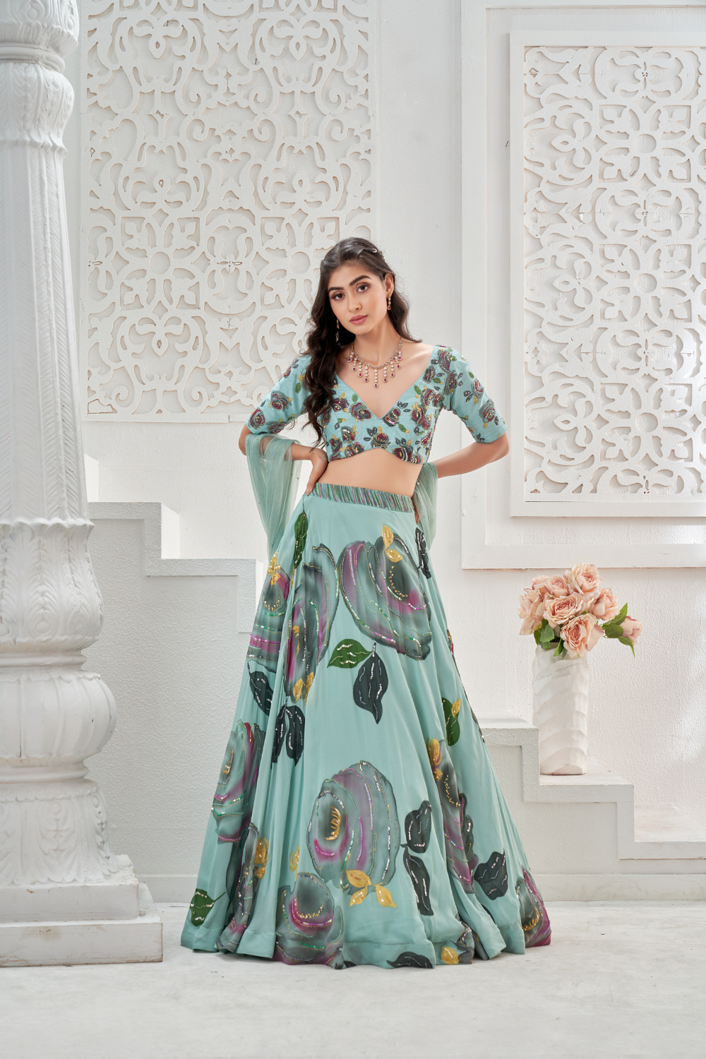Dusty Blue hand painted lehenga set