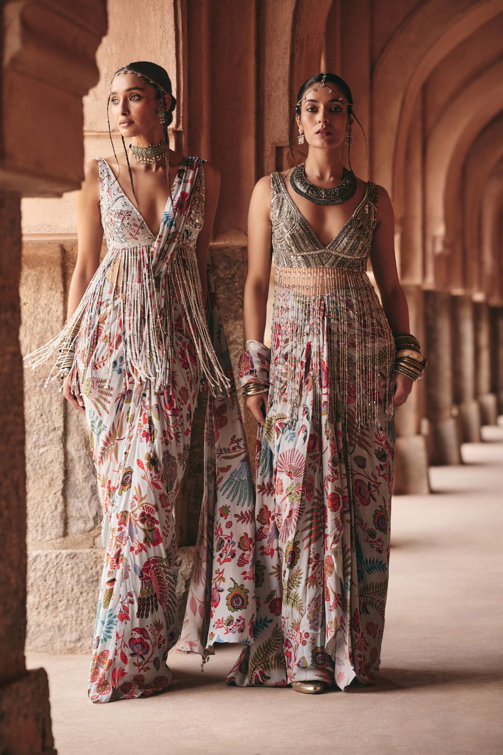 SLATE GREY EMBROIDERED BLOUSE AND PRINTED LEHENGA SET