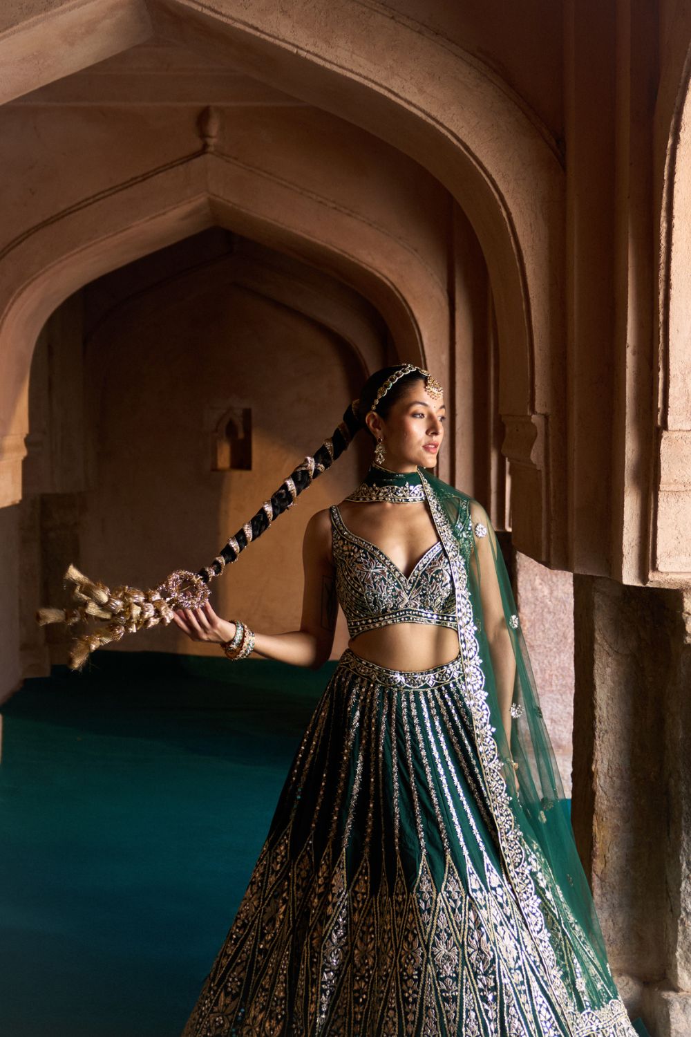ZAMURRUD — Emerald Green Raw Silk Lehenga Set