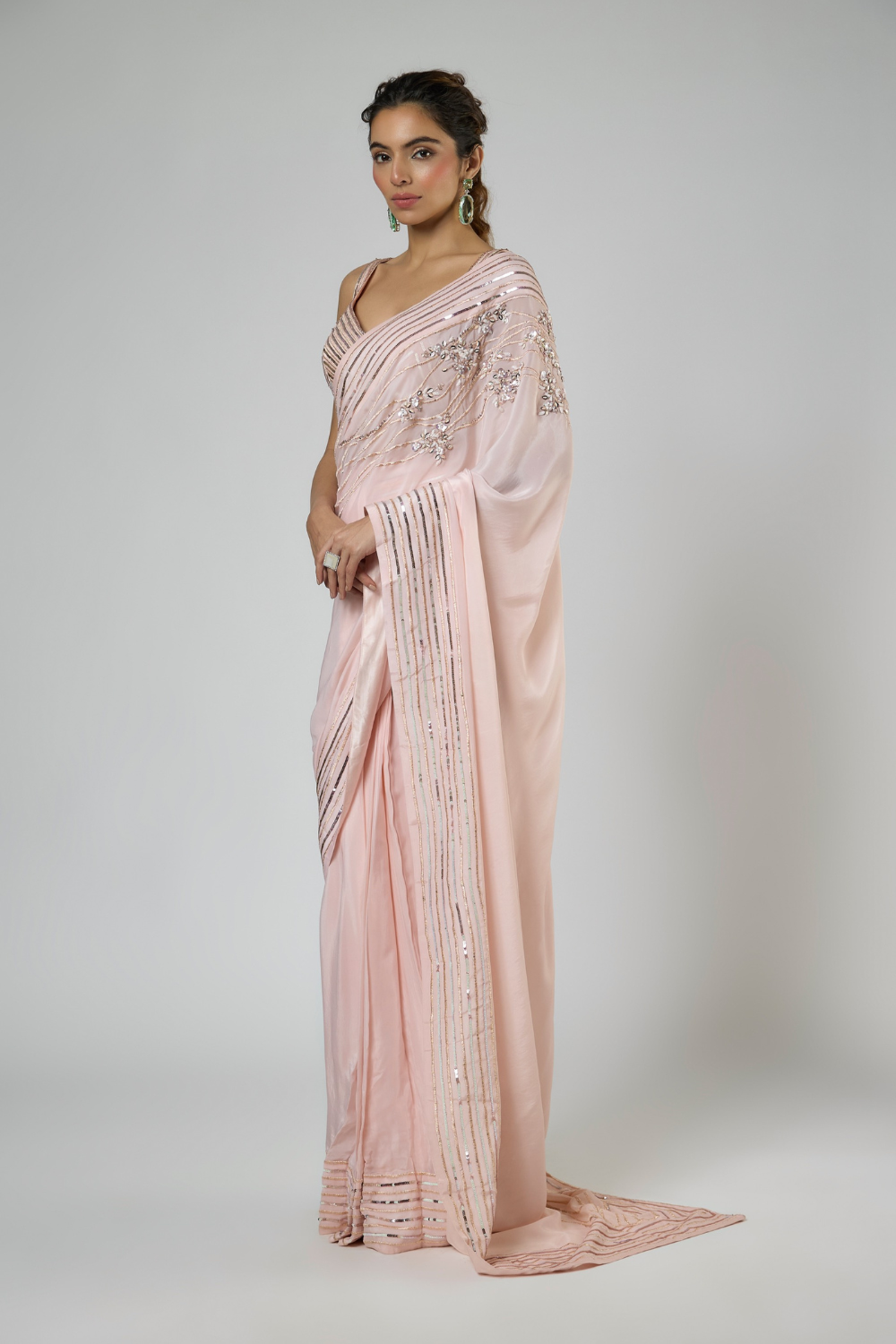 PEACHY PINK INTRICATE FLORAL EMBROIDERED SAREE WITH CORSET BLOUSE