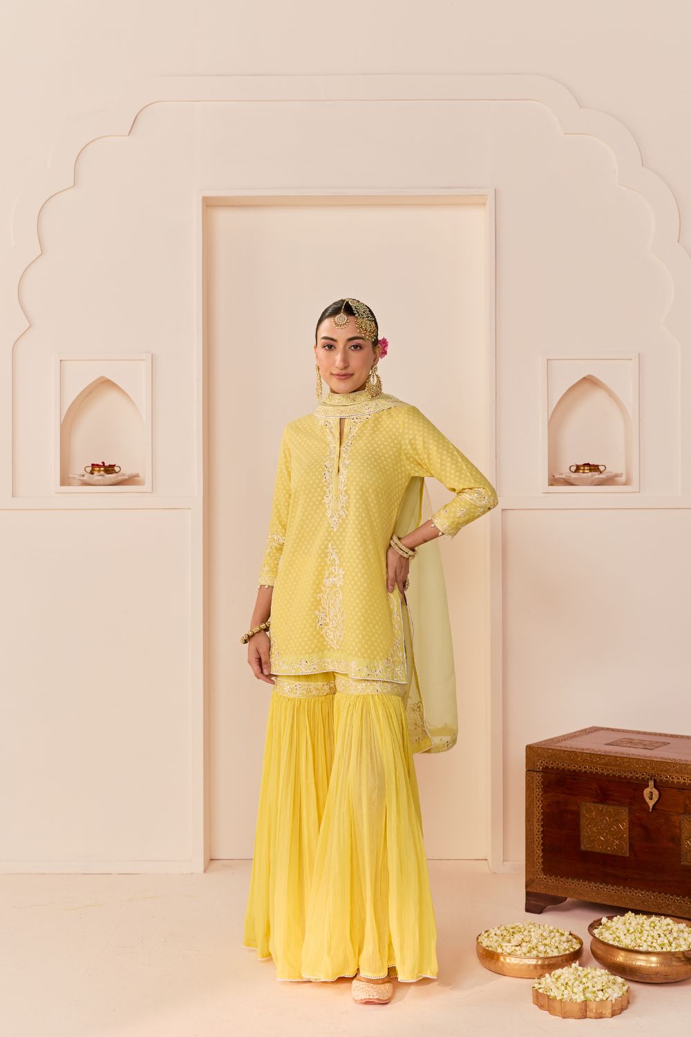YASNEEN - LEMON YELLOW SHORT KURTA WITH GARARA AND DUPATTA