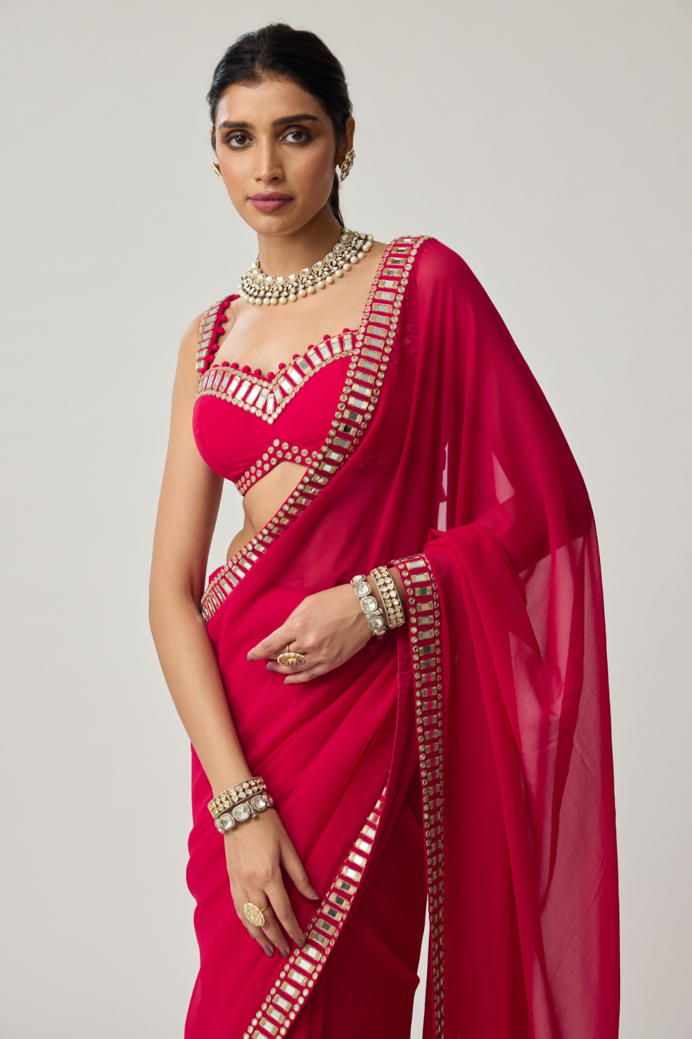 Crimson Red Mirror embroidered Georgette Saree Set