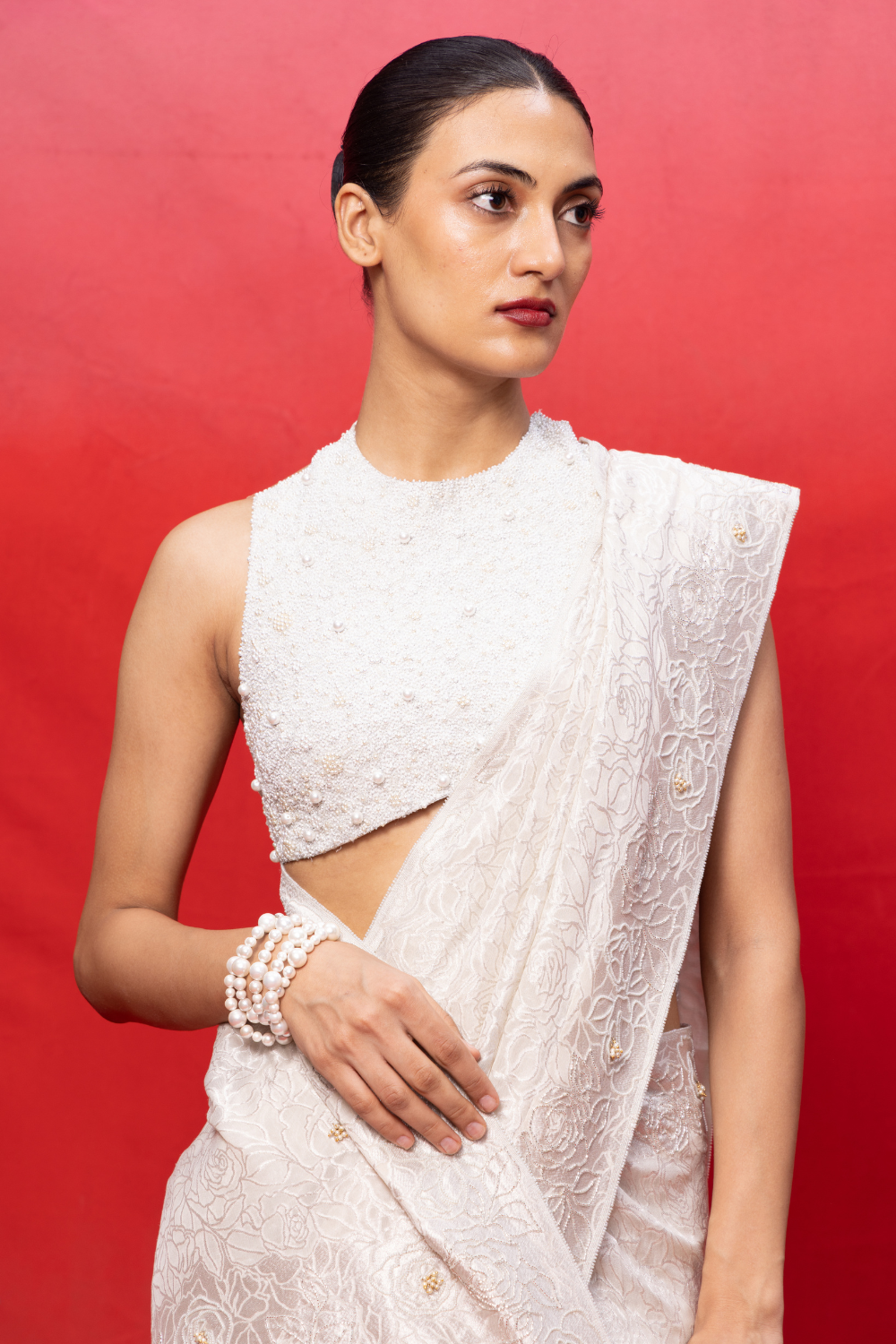 Handwoven Off-White Chiffon Embossed Saree