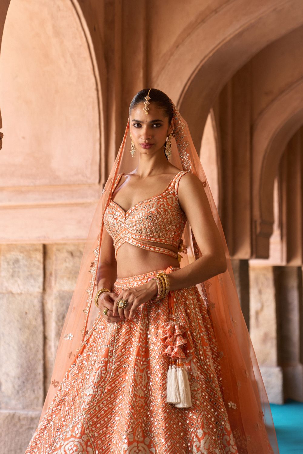 SURAJ — Orange Raw Silk Lehenga Set
