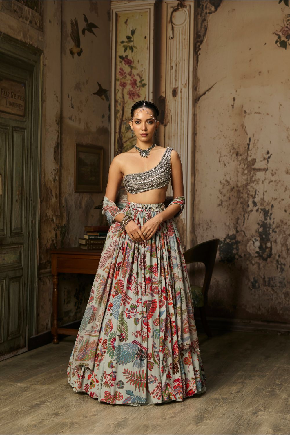 SLATE GREY EMBROIDERED BLOUSE WITH PRINTED LEHENGA SET
