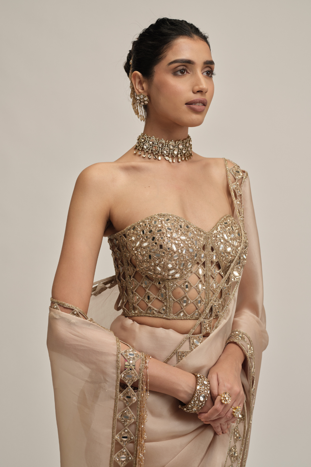Light Beige Cutwork Border Saree with Corset Set