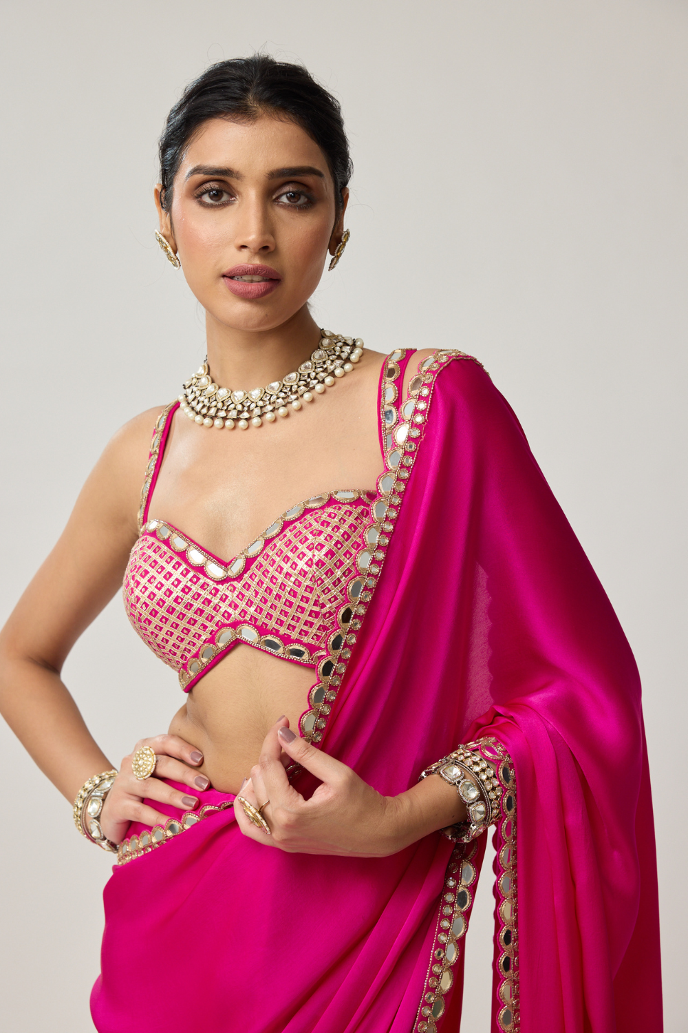 Fuchsia Pink Gota Mirror Saree Set