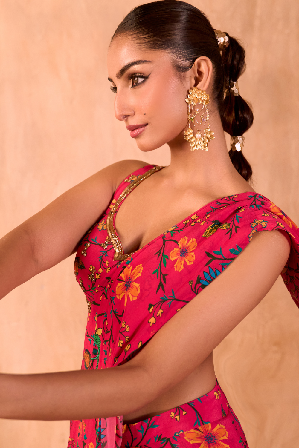 PINK PRINT EMBROIDERED CHOLI WITH PRE-DRAPED SARI SET