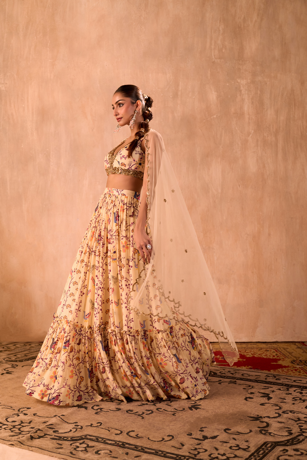 IVORY PRINT EMBROIDERED CHOLI, LAYERED LEHENGA AND DUPATTA SET