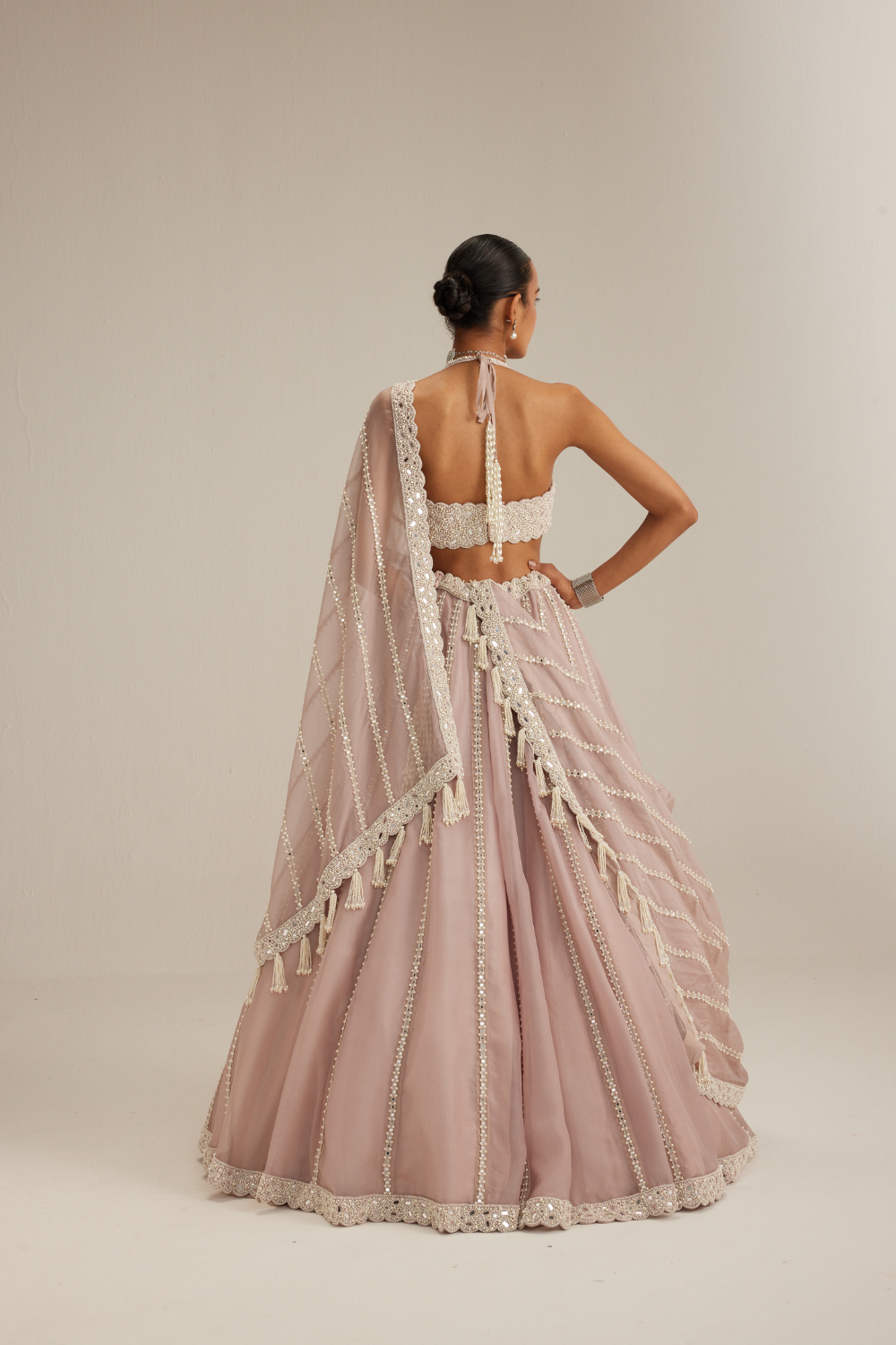 Ash Pink linear embroidered Organza Lehenga Set