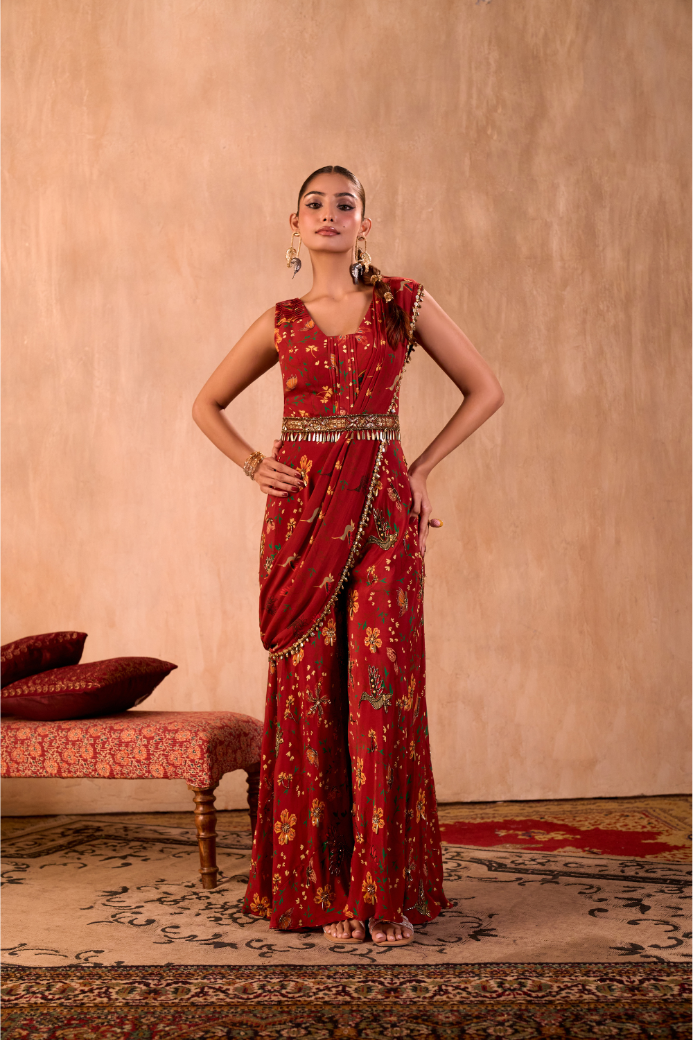 RED PRINT EMBROIDERED JUMPSUIT WITH DRAPE AND BELT SET