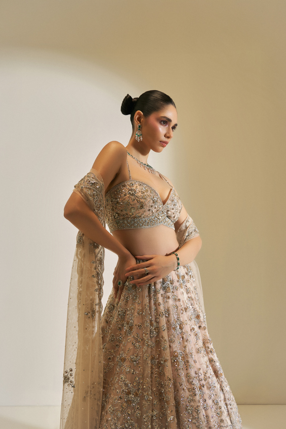 Champagne Crystal Bloom Lehenga Set