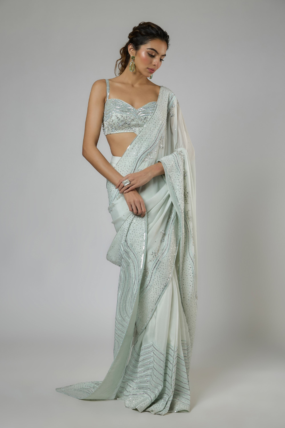 LIGHT MINT INTRICATE EMBROIDERED SAREE SET