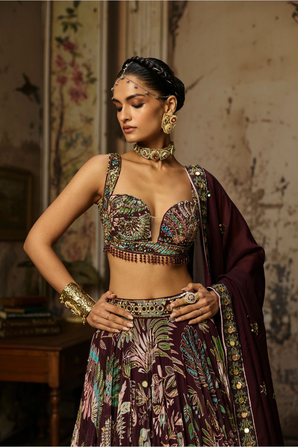 PLUM PRINTED AND HIGHLIGHTED LEHENGA SET