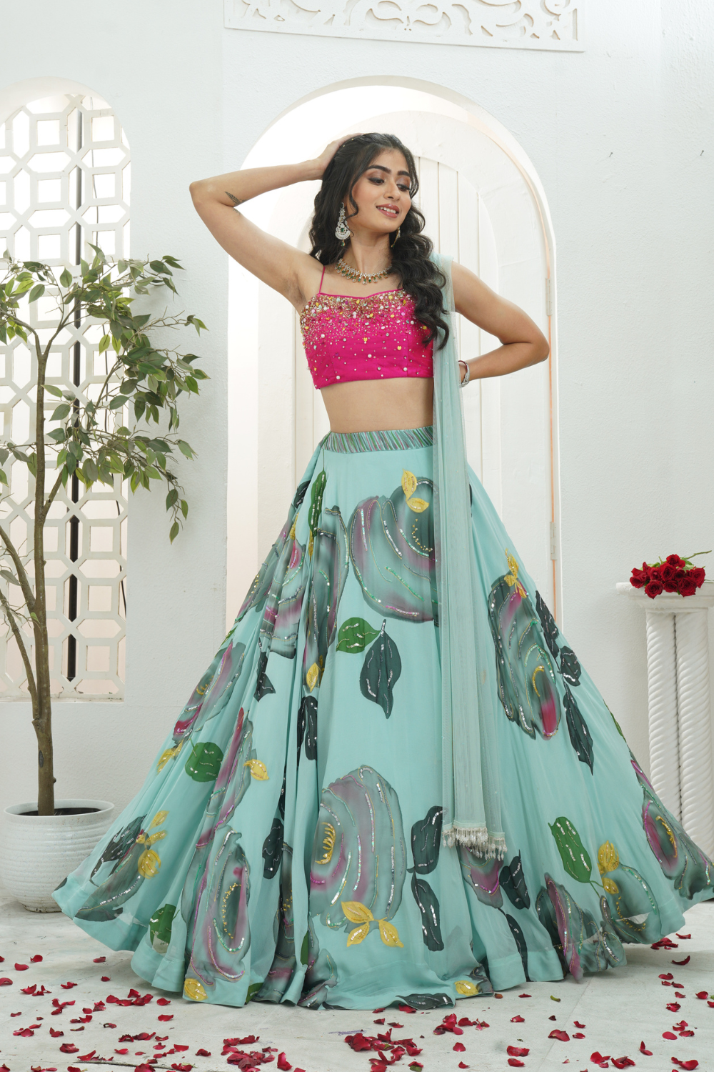 Dusty Blue hand painted lehenga with Pink embroidered bustier set