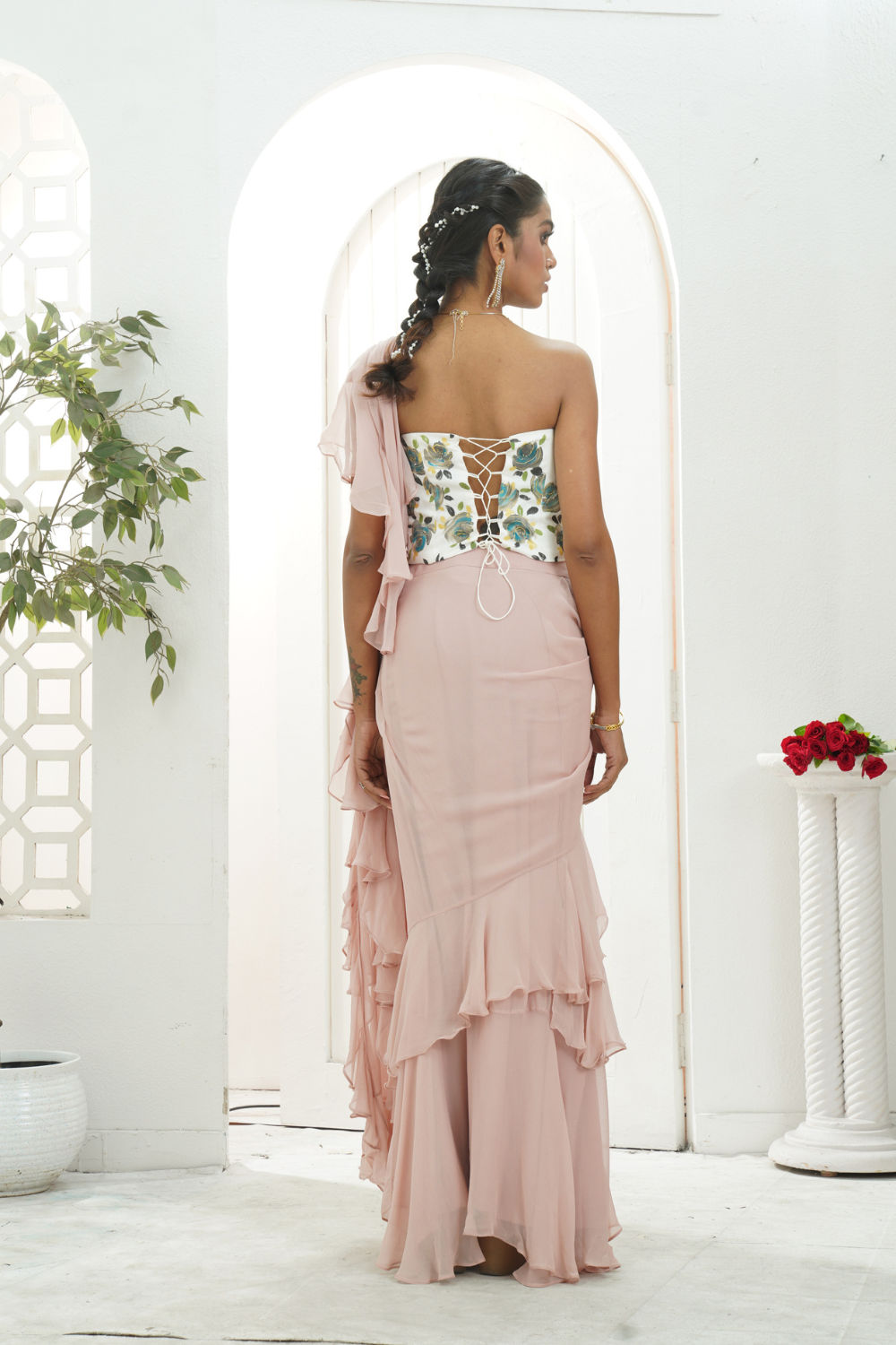 Mauve ruffle saree and hand painted corset set