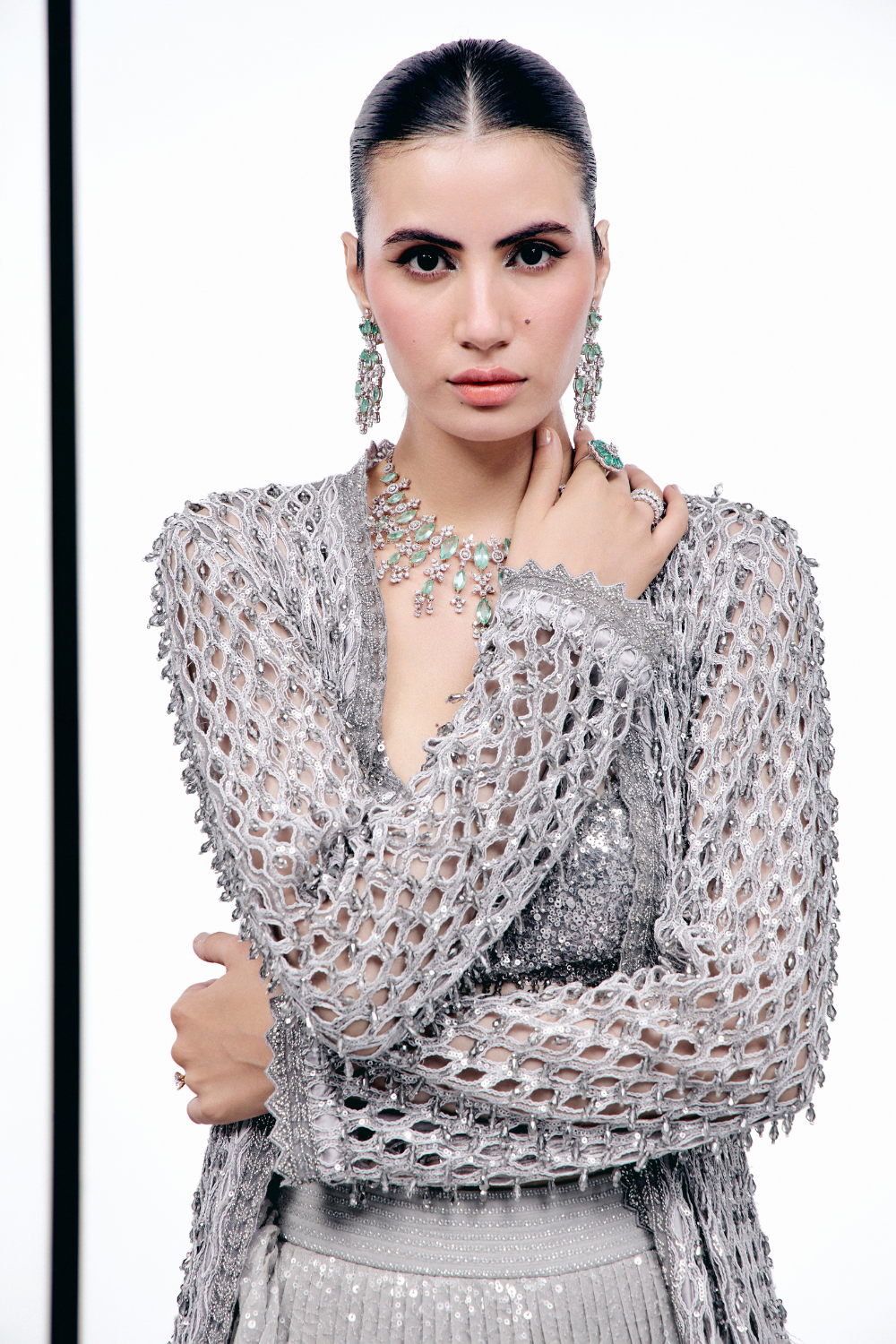 Grey Cutwork Tassel Cape Lehnega Set