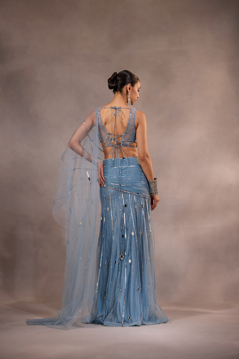 Powder Blue Embellished Mermaid Lehenga Saree Set