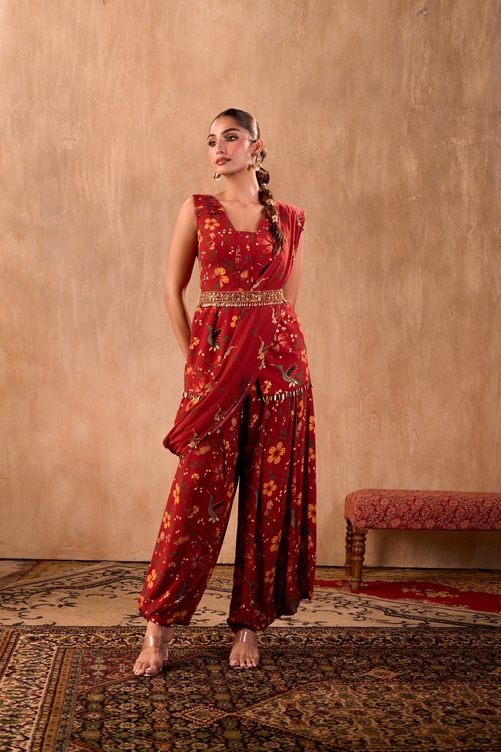 RED PRINT EMBROIDERED PEPLUM TOP, DRAPED PANTS, DRAPE AND BELT SET