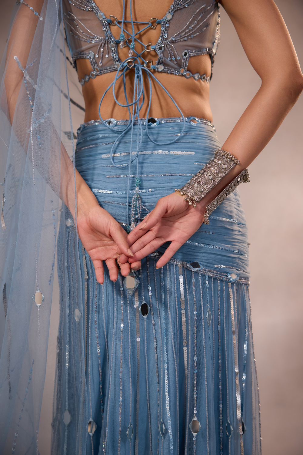 Powder Blue Embellished Mermaid Lehenga Saree Set