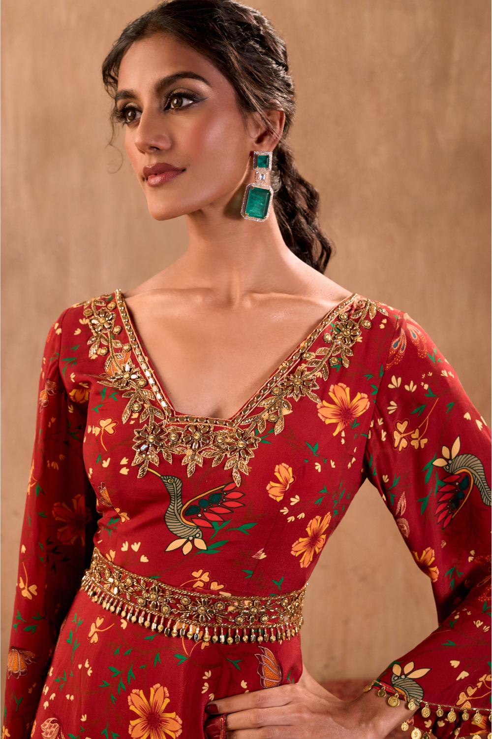 RED PRINT EMBROIDERED ANARKALI WITH DUPATTA AND BELT SET