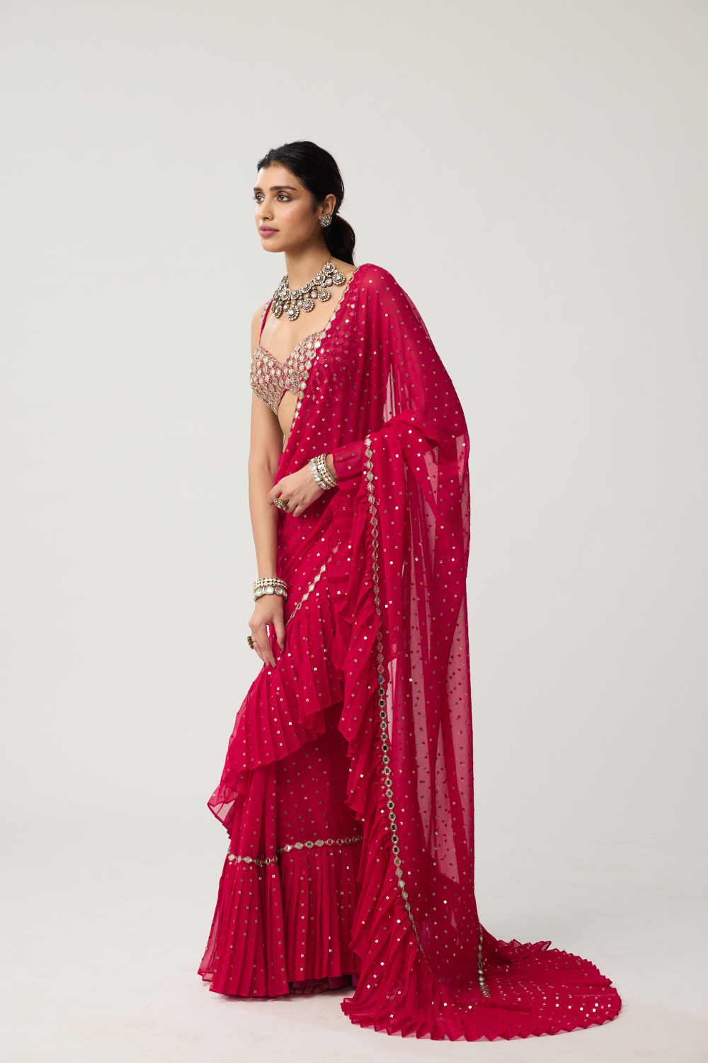 Crimson Red Ruffle Sequins Mirror Saree Set