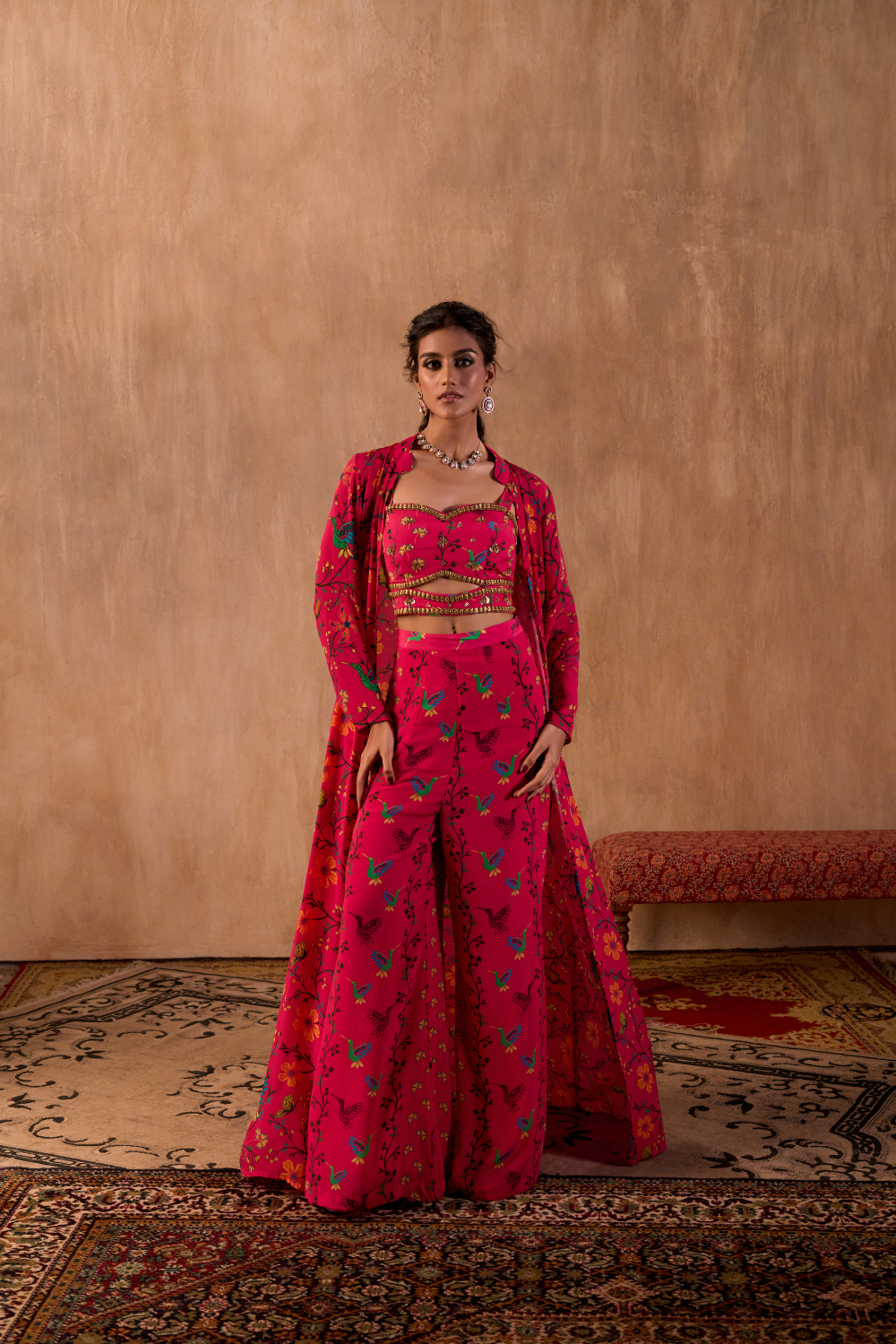 PINK PRINT EMBROIDERED CHOLI, PANTS AND JACKET SET