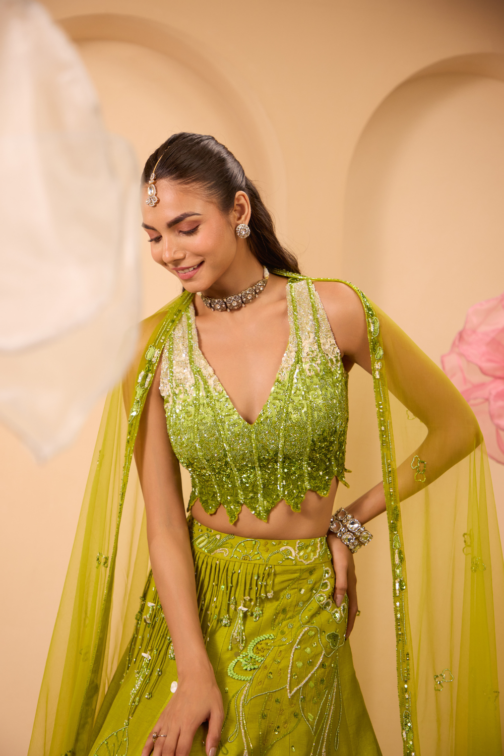Hand Embroidered  V Neckline Blouse with Lehenga & Dupatta