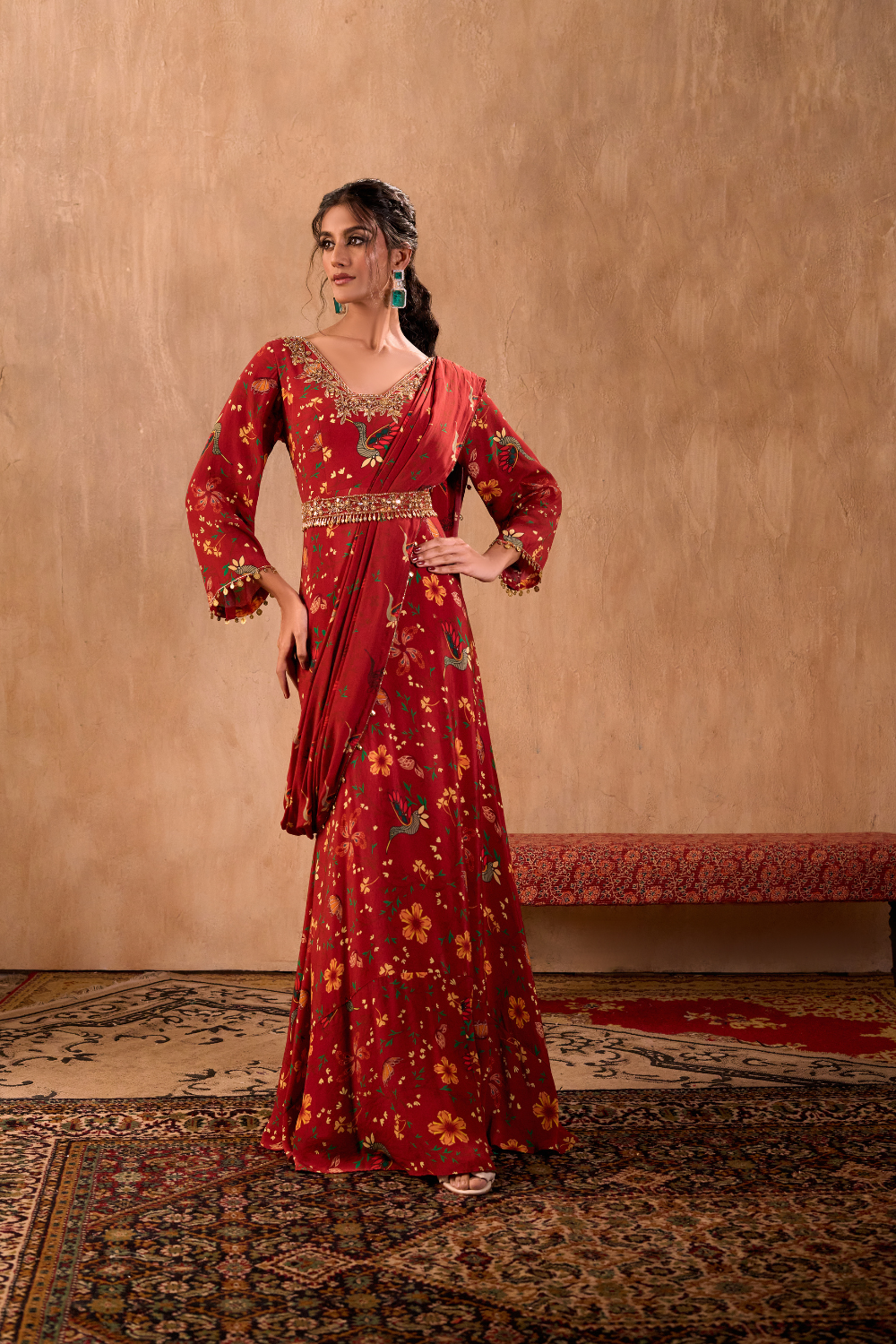 RED PRINT EMBROIDERED ANARKALI WITH DRAPE AND BELT SET