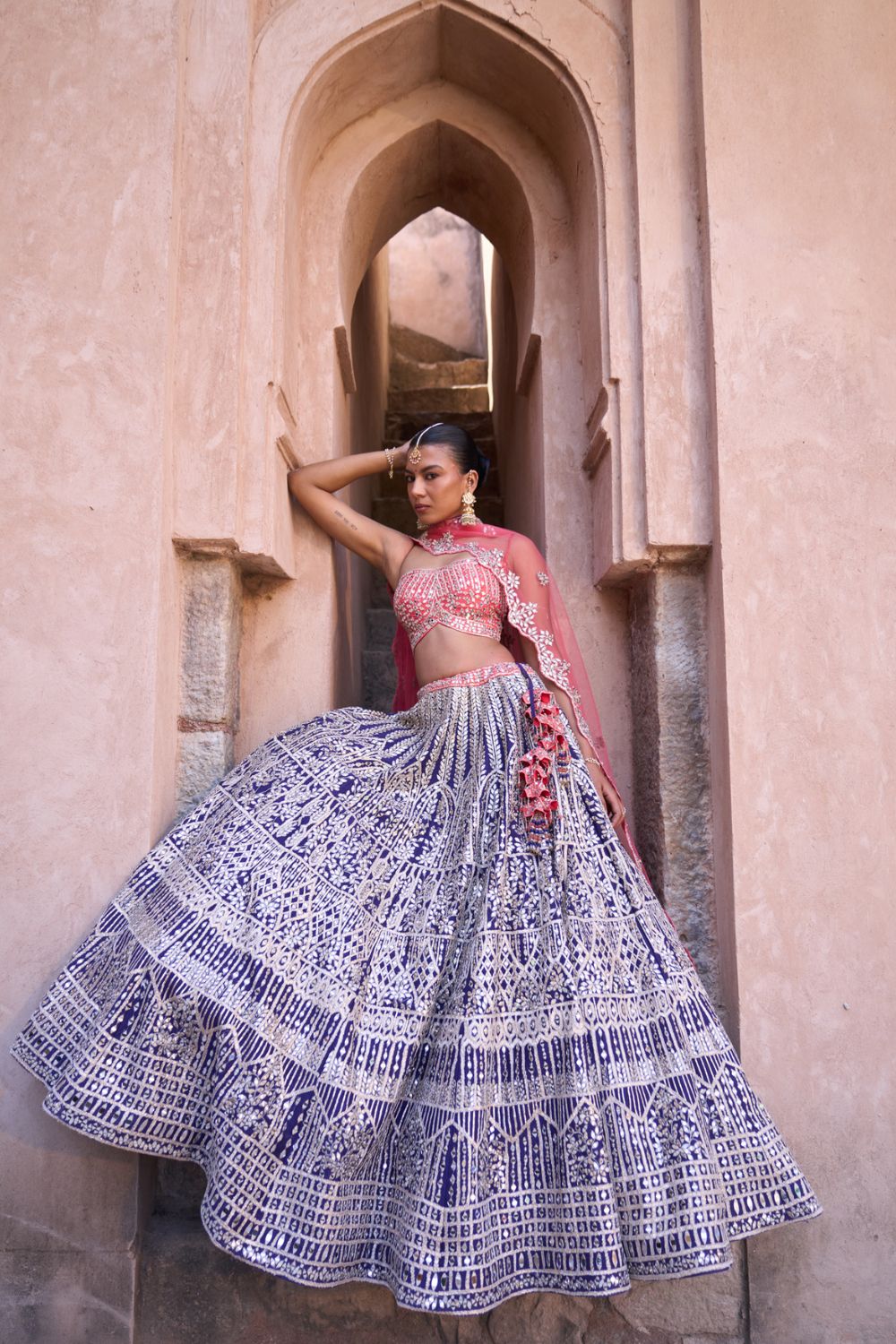 AMRIT — Midnight Indigo Raw Silk Lehenga Set with Contrast Blouse