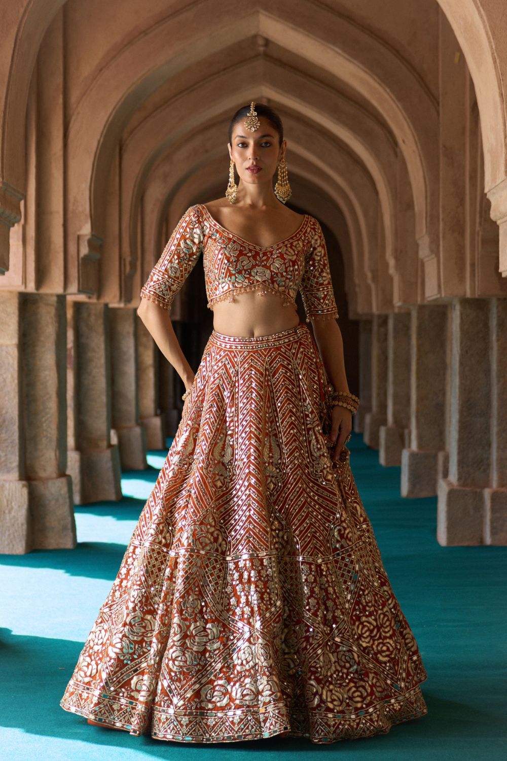 TEJ — Rust Orange Organza Lehenga Set