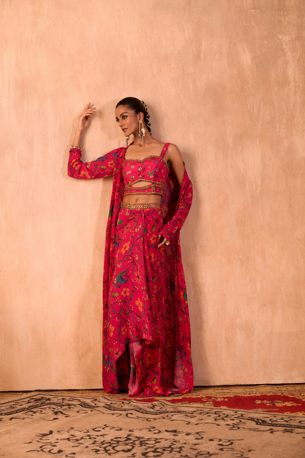 PINK PRINT EMBROIDERED CHOLI, DRAPED SKIRT AND JACKET SET