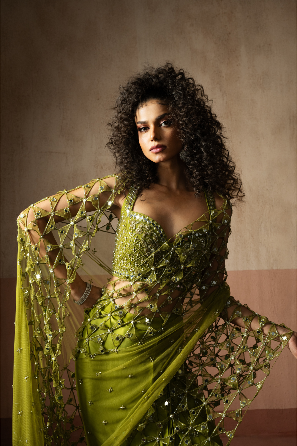 Predraped , mehendi green , hand embroidered net & satin saree