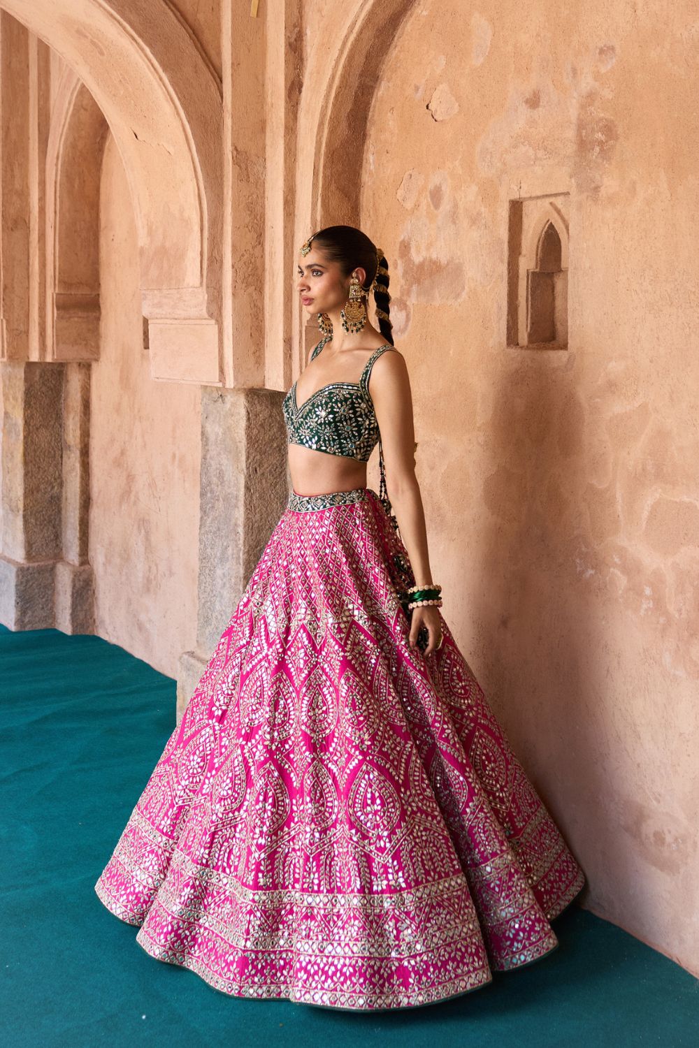 JYOT — Fuchsia Pink Raw Silk Lehenga Set with Contrast Blouse