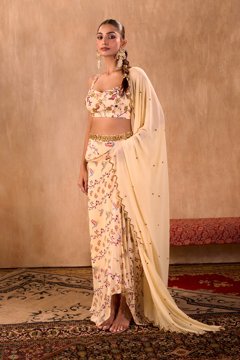 IVORY PRINT EMBROIDERED CHOLI, DRAPED SKIRT AND DUPATTA SET