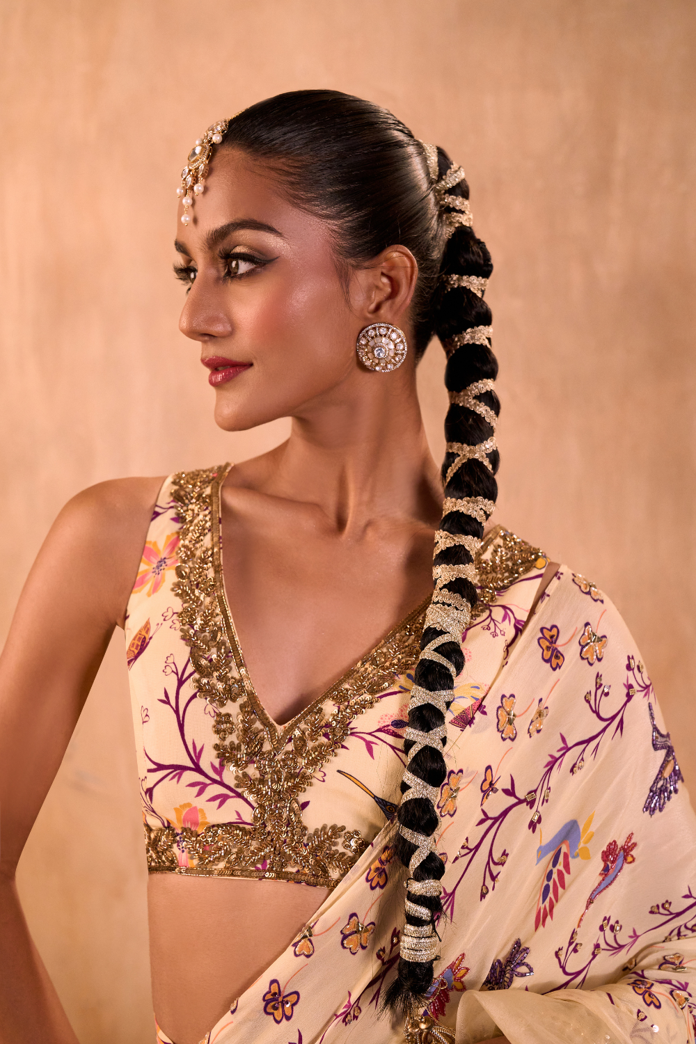 IVORY PRINT EMBROIDERED CHOLI WITH PRE DRAPED RUFFLE SARI SET
