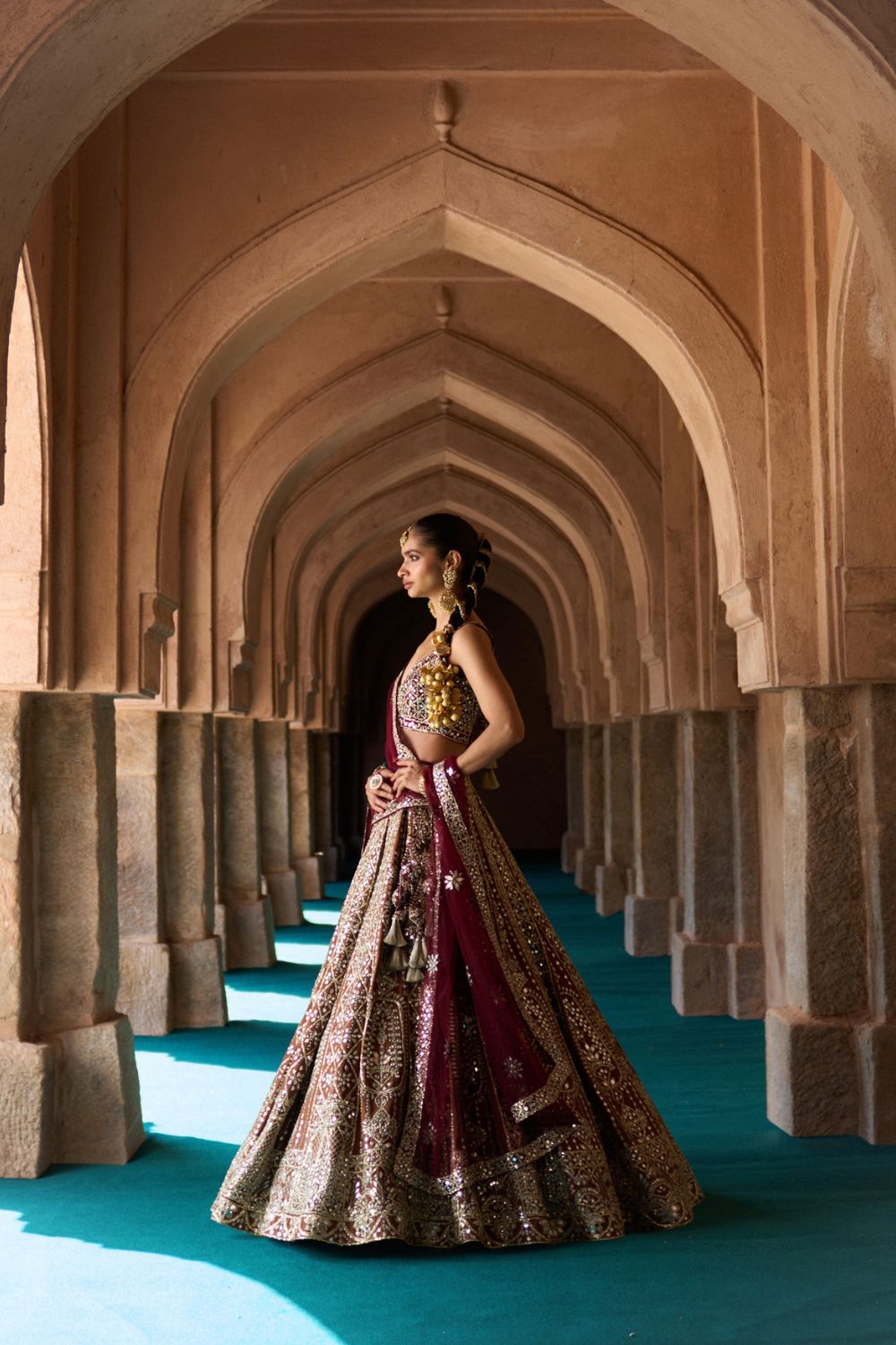 PRITHVI — Brown Raw Silk Lehenga Set with Contrast Maroon Blouse