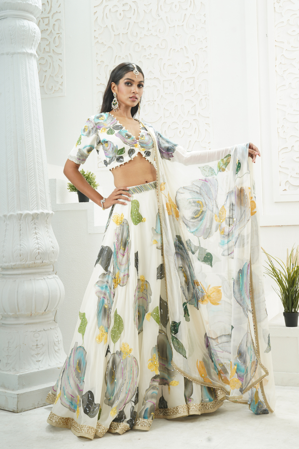 Ivory hand painted lehenga set