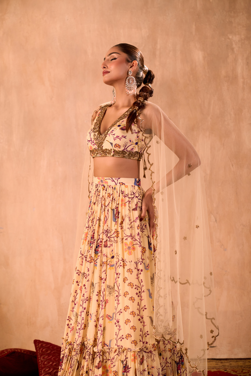 IVORY PRINT EMBROIDERED CHOLI, LAYERED LEHENGA AND DUPATTA SET