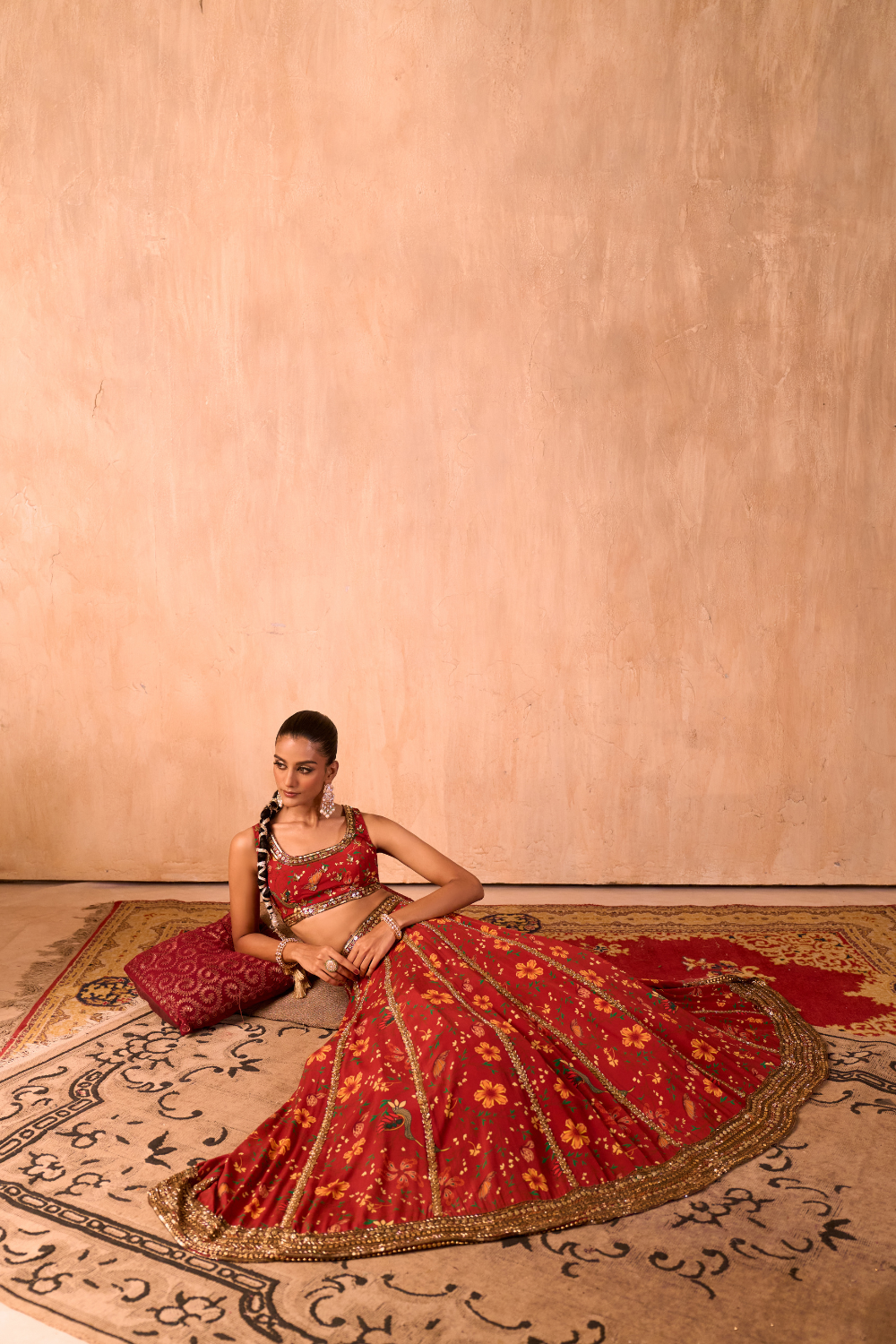 RED PRINT EMBROIDERED CHOLI, LEHENGA AND DUPATTA SET