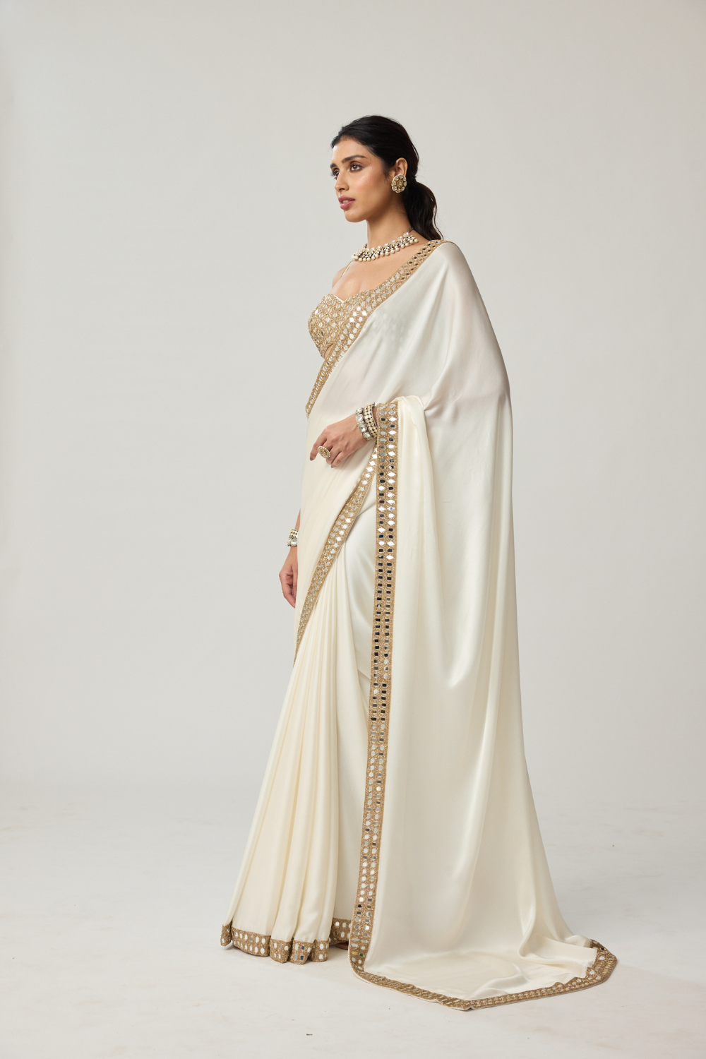 Off White Mirror Satin Saree Set