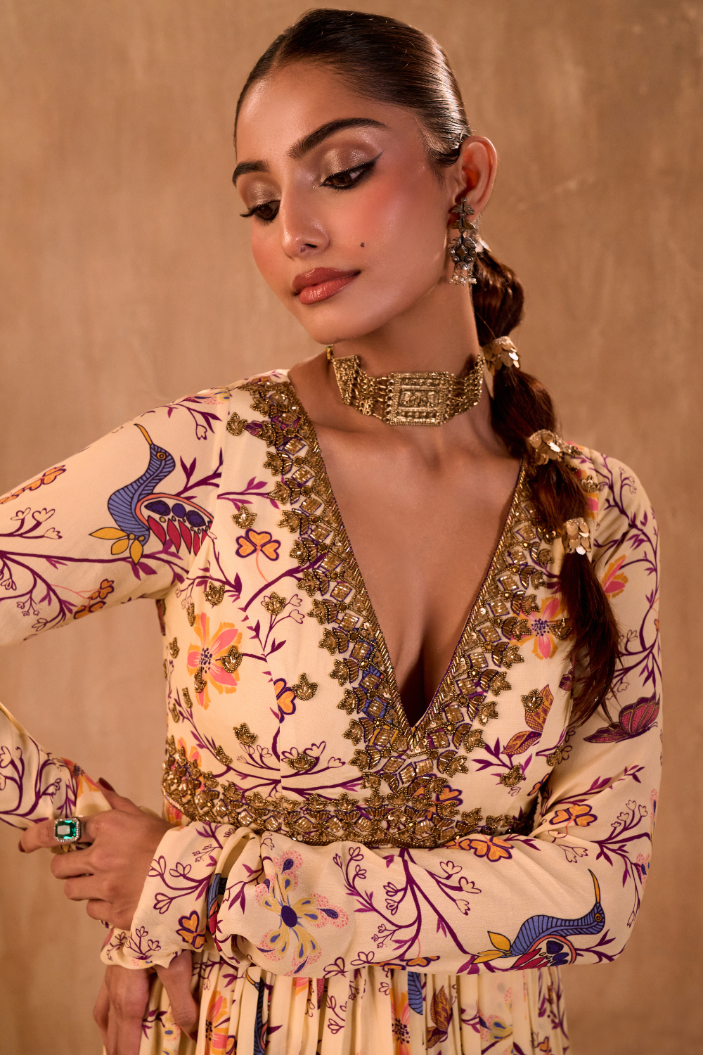 IVORY PRINT EMBROIDERED ANARKALI AND DUPATTA SET