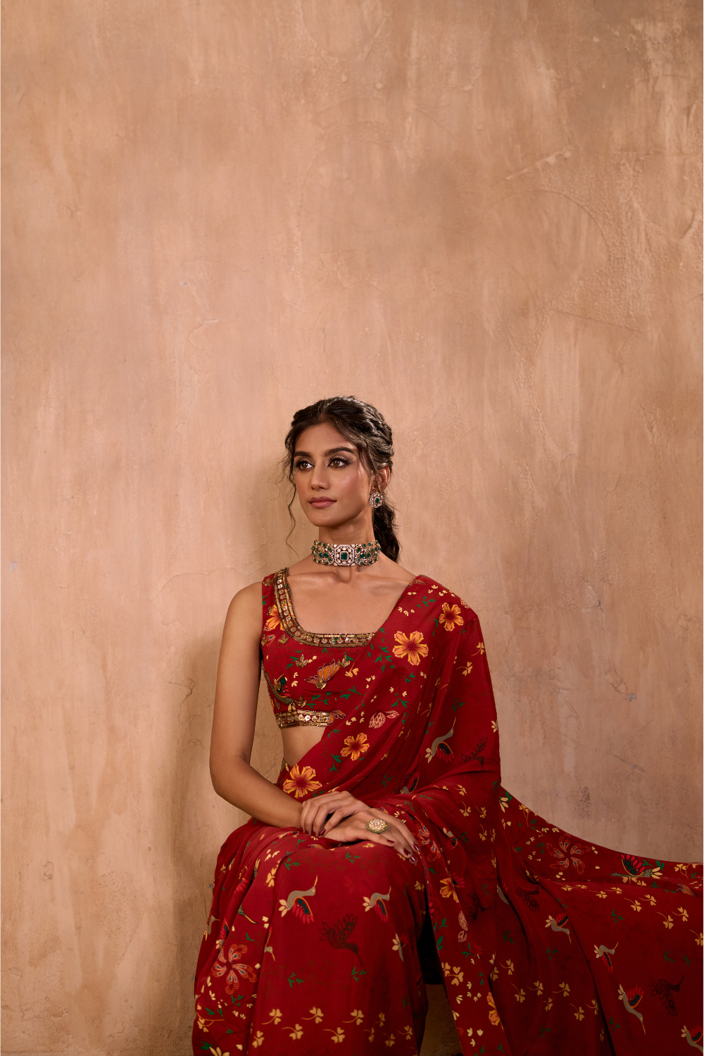 RED PRINT EMBROIDERED CHOLI WITH PRE-DRAPED SARI SET