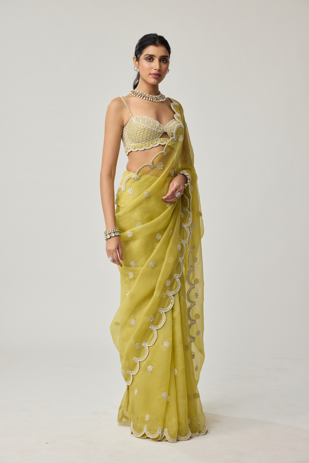 Fern Green Organza Mirror and Pearl saree set