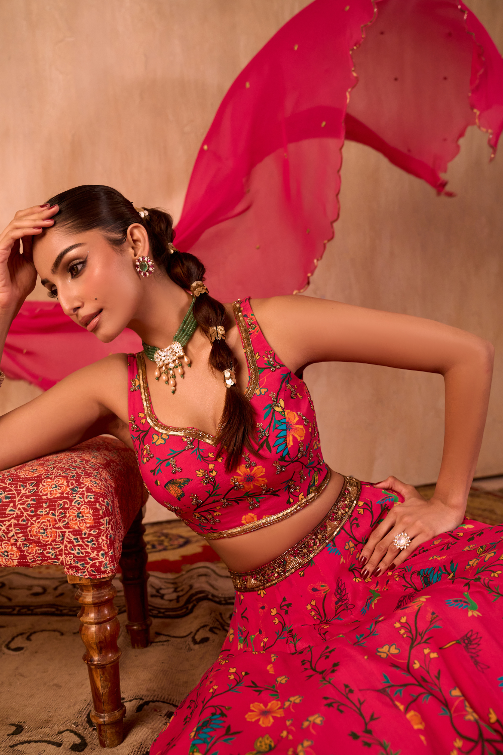 PINK PRINT EMBROIDERED CHOLI, LEHENGA AND DUPATTA SET