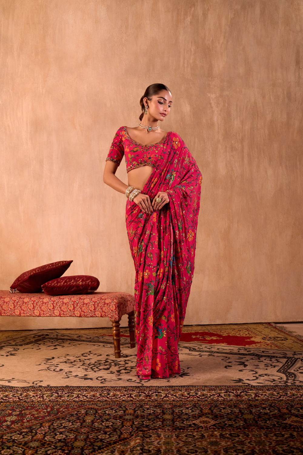 PINK PRINT CHOLI WITH EMBROIDERED SARI SET