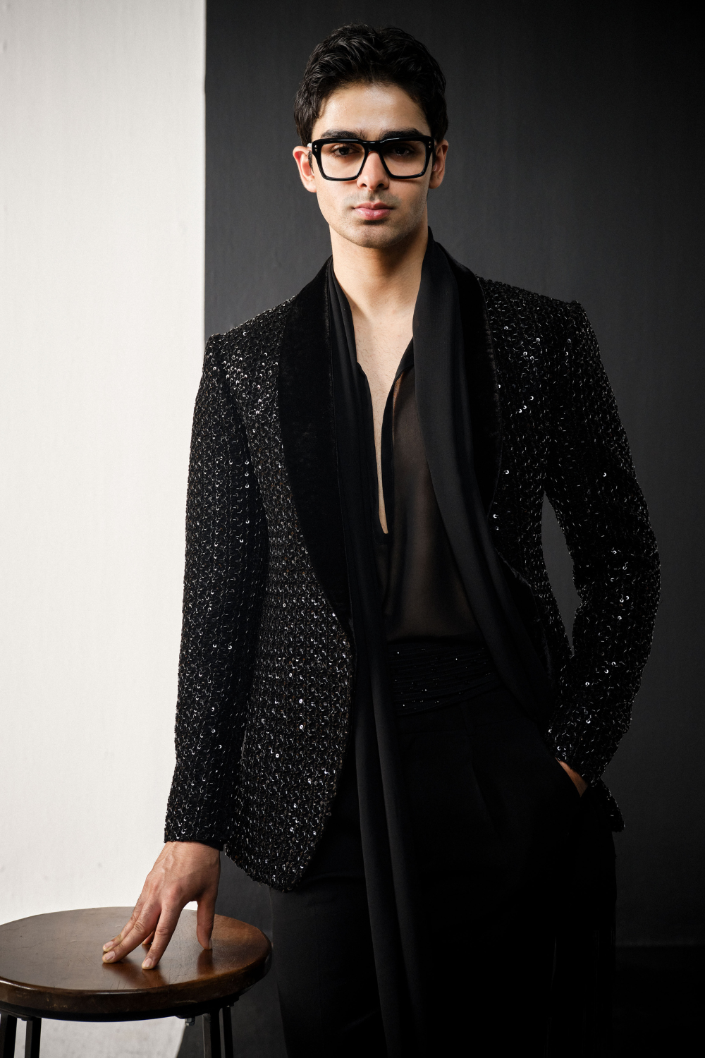 Black cutdana scattered velvet jacket