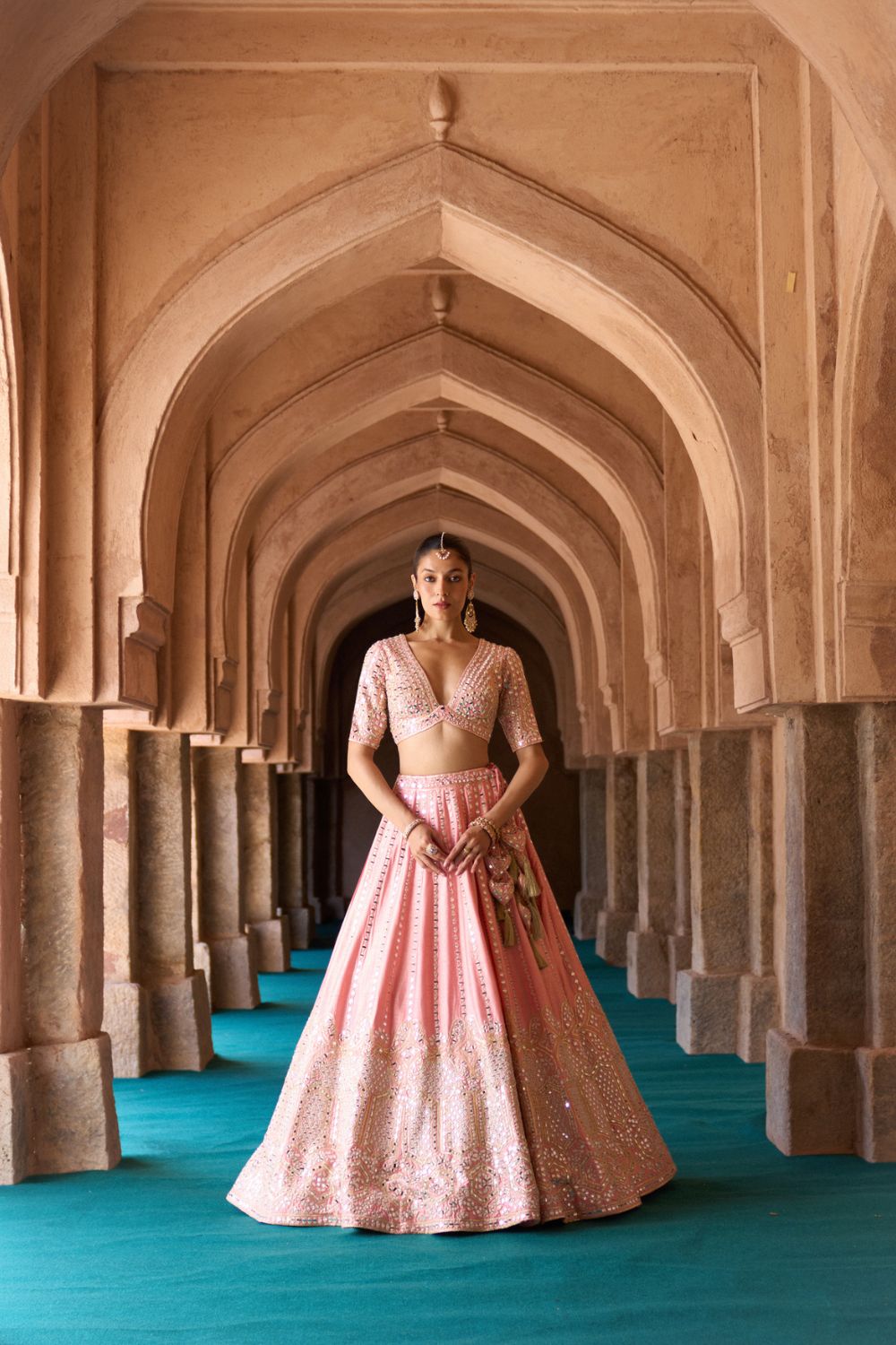 KESAR — Carrot Pink Raw Silk Lehenga Set
