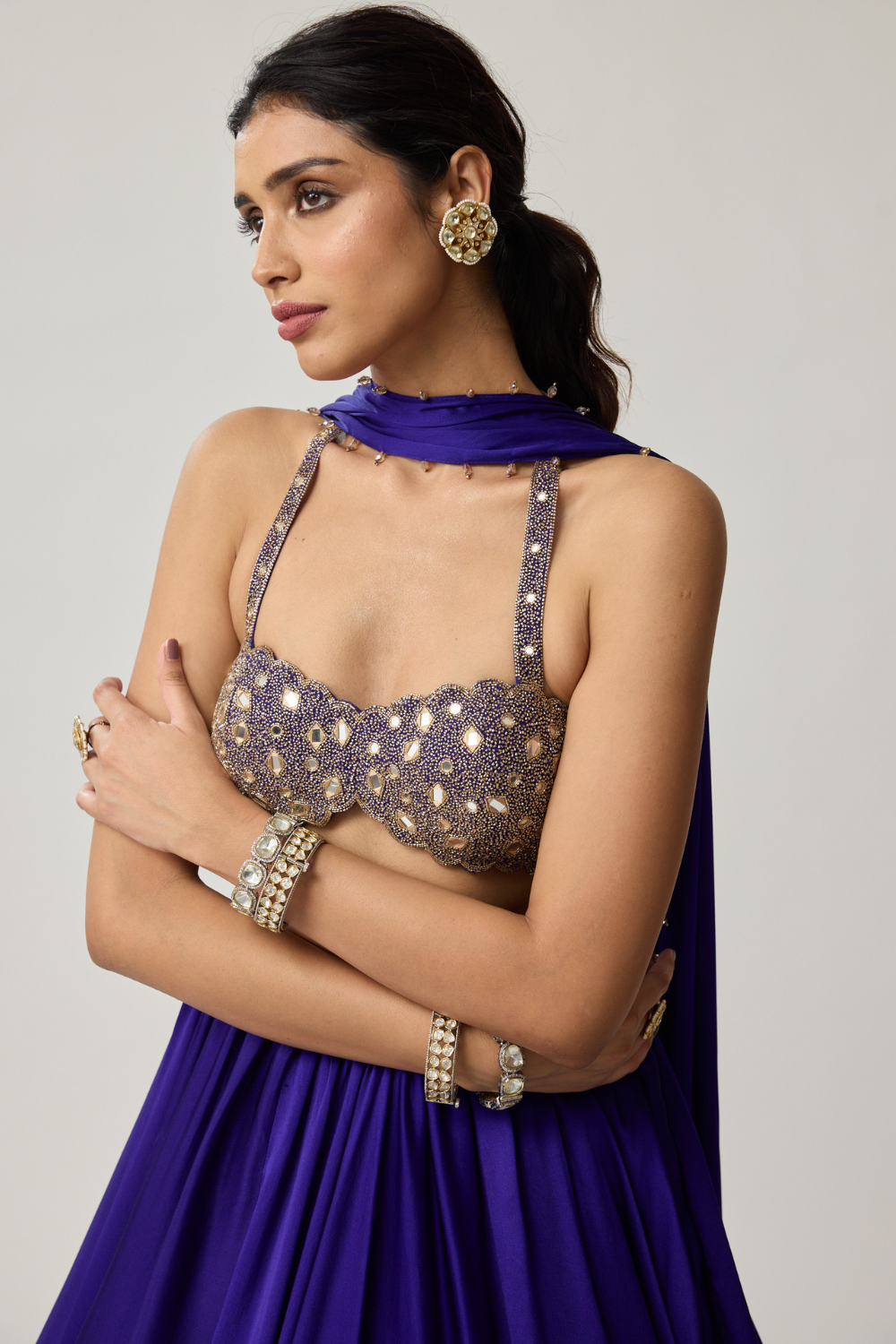 Persian Blue Mirror Satin Lehenga Set